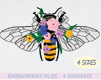 Honey Bee Floral Embroidery Design, Wildflower Nature Insect Machine ...