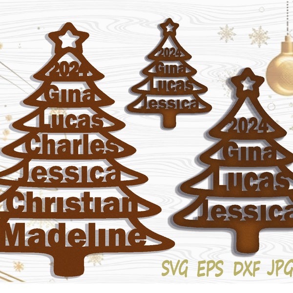 Family Name Ornament Tree Shape, 5 Ready Templates 4-8 Names, SVG Laser, Engraved Cut File, Wood File