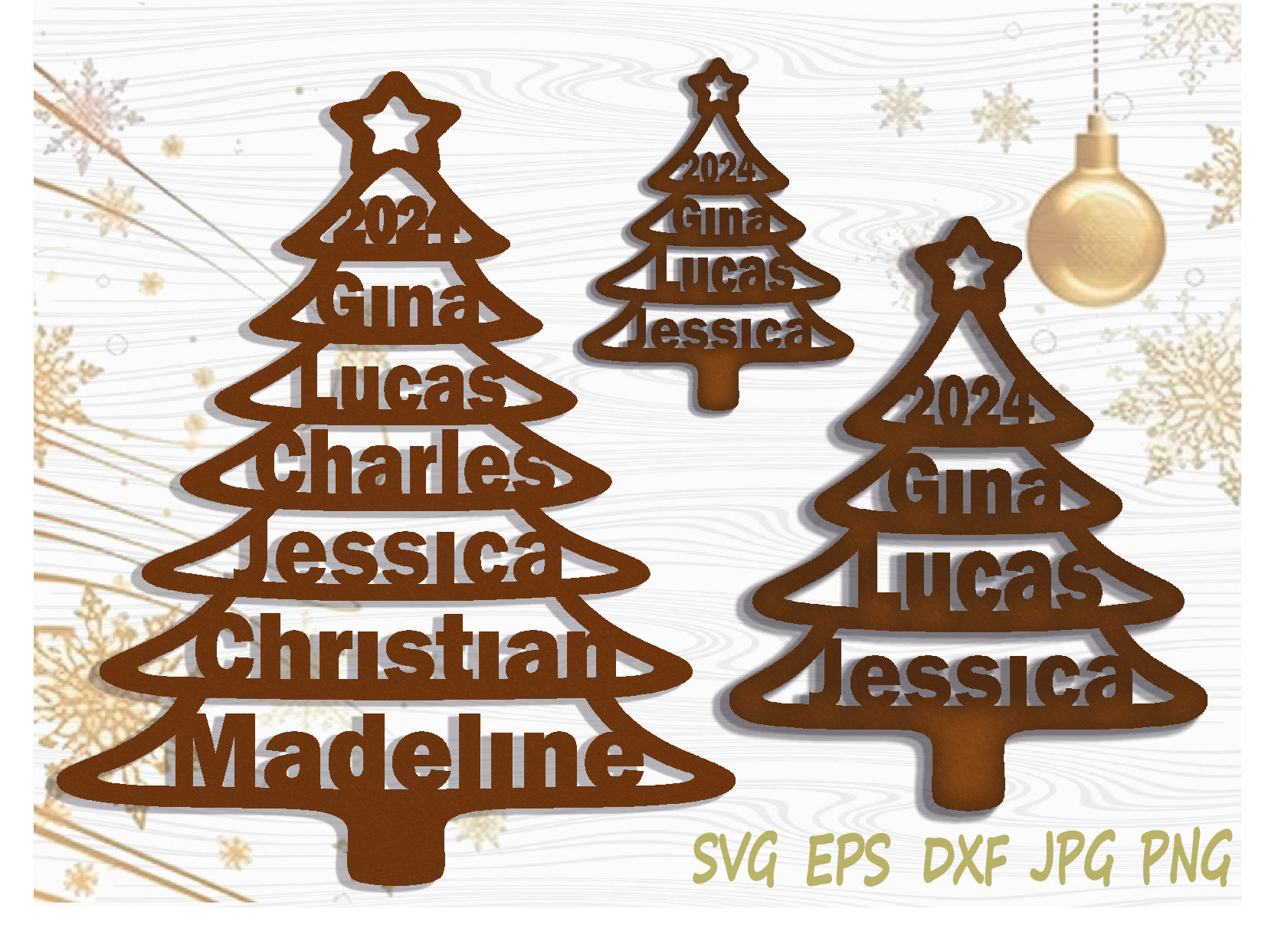 Family Name Ornament Tree Shape, 5 Ready Templates 4-8 Names, SVG Laser ...