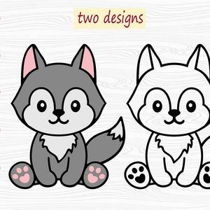 May include: Two designs of a cartoon wolf sitting with its tail curled around its legs. One wolf is grey with pink paw pads and the other is black and white.