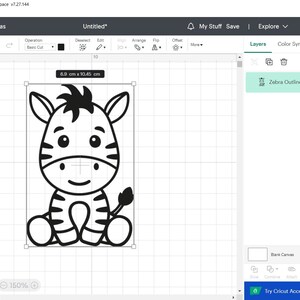 May include: Black and white line art illustration of a cartoon zebra sitting down. The zebra has a large head with big eyes and a small mouth. The zebra is wearing a striped shirt and has a tail.