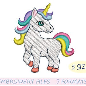 May include: Embroidered unicorn design with a white body, colorful mane, tail, and horn. The text "5 SIZES" is in a yellow oval, and "EMBROIDERY FILES 7 FORMATS" is below the unicorn.