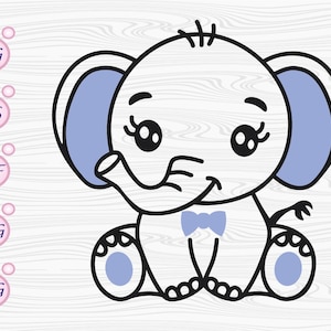 Può includere: Un'illustrazione di un elefante blu e bianco con un papillon blu. L'elefante ha occhi grandi e una piccola proboscide.