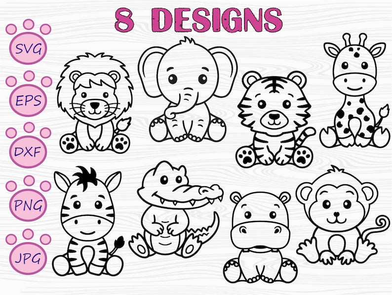 May include: Eight black and white line art illustrations of cute animals, including a lion, elephant, tiger, giraffe, zebra, alligator, hippopotamus, and monkey. The animals are all sitting down and have big eyes and smiles.