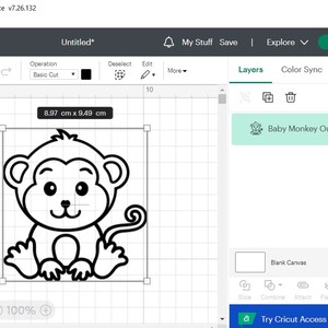 May include: A black and white outline of a baby monkey sitting with its legs crossed and a curled tail. The image is 8.97 cm by 9.49 cm and is labelled "Baby Monkey Outline" in a green box.