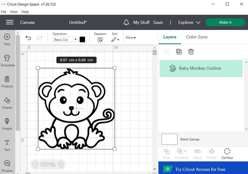 May include: A black and white outline of a baby monkey sitting with its legs crossed and a curled tail. The image is 8.97 cm by 9.49 cm and is labelled "Baby Monkey Outline" in a green box.