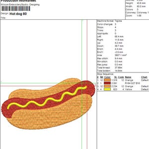 May include: An embroidered design of a hot dog in a bun, with yellow mustard. The design is labeled "Hot dog 80" and is a production worksheet from Wilcom Embroidery Studio.