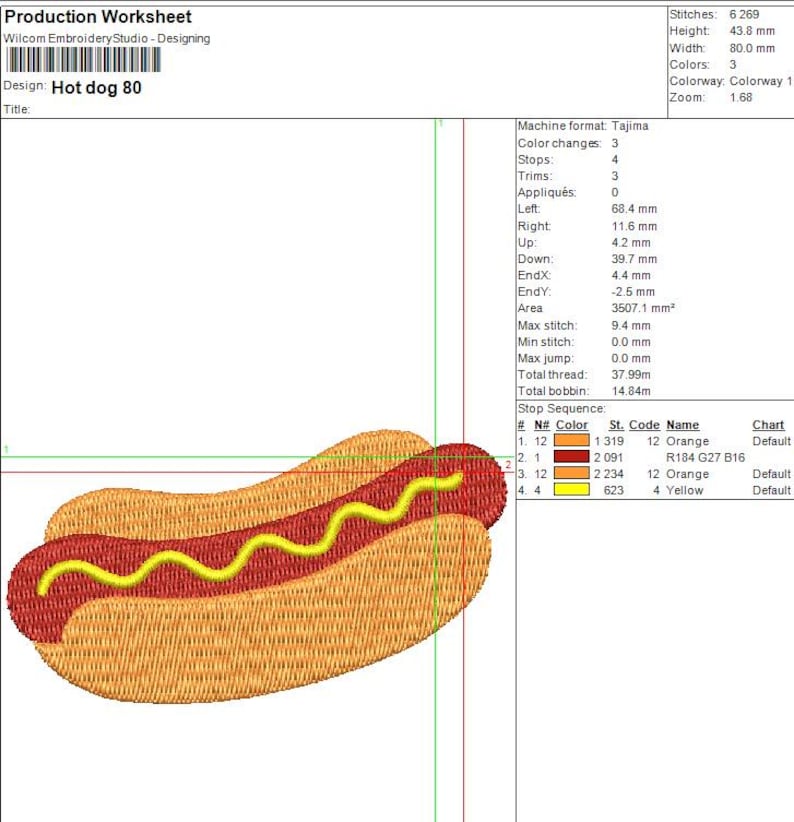 May include: An embroidered design of a hot dog in a bun, with yellow mustard. The design is labeled "Hot dog 80" and is a production worksheet from Wilcom Embroidery Studio.