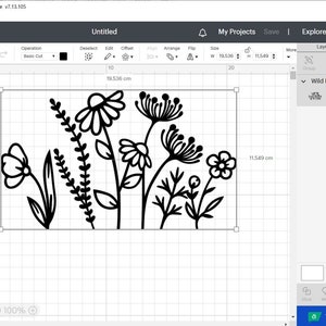 May include: A black and white floral design featuring various wildflowers, including daisies and other stylized blooms. The design is displayed on a computer screen within the Cricut Design Space software, with dimensions of 19.536 cm wide and 11.549 cm high.