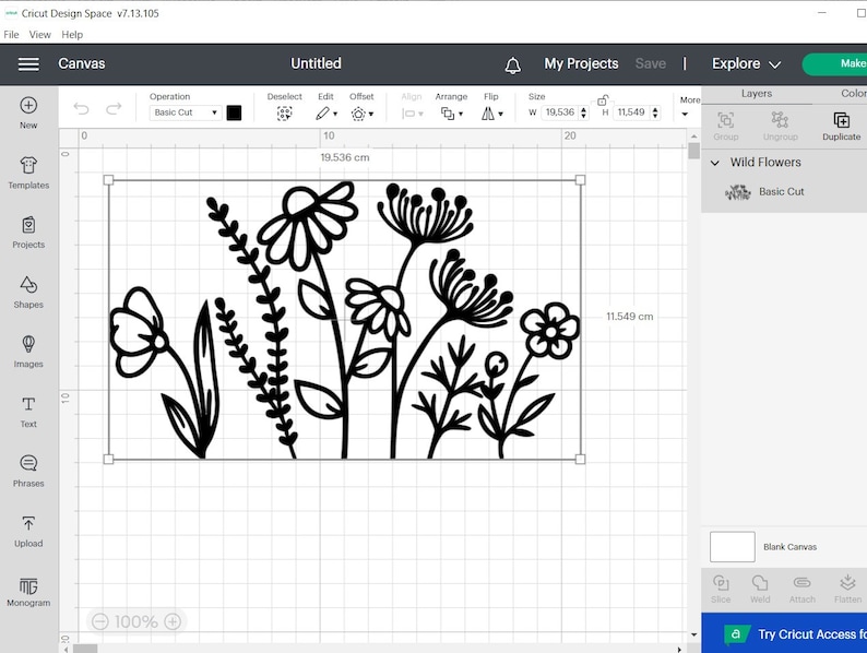 May include: A black and white floral design featuring various wildflowers, including daisies and other stylized blooms. The design is displayed on a computer screen within the Cricut Design Space software, with dimensions of 19.536 cm wide and 11.549 cm high.
