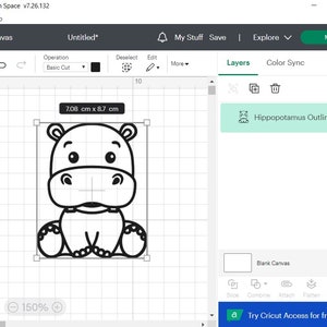 May include: Black and white line art illustration of a hippopotamus sitting with its legs crossed. The image is 7.08 cm by 8.7 cm and is labelled "Hippopotamus Outline" in the Cricut Design Space software.