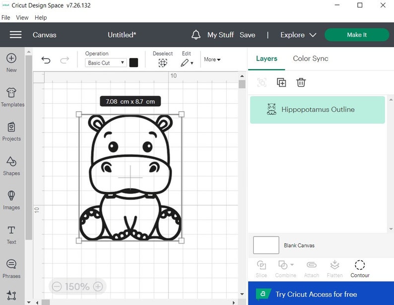 May include: Black and white line art illustration of a hippopotamus sitting with its legs crossed. The image is 7.08 cm by 8.7 cm and is labelled "Hippopotamus Outline" in the Cricut Design Space software.