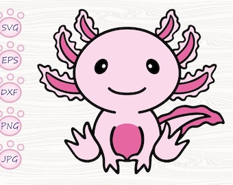 Può includere: Un assoloto rosa dei cartoni animati con occhi neri e un sorriso. L'assoloto ha branchie arricciate e una pinna caudale rosa.