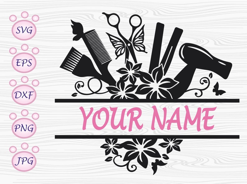 May include: Black and white silhouette of hairdressing tools including scissors, combs, a hair dryer, and curling irons. The tools are surrounded by stylized flowers and butterflies. The text "YOUR NAME" is written in pink below the tools.