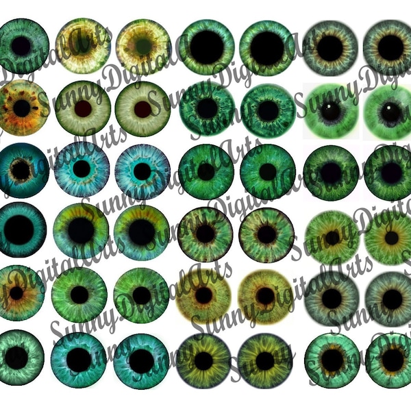27 pairs Printable Eye chips. 14mm Blythe Doll Eyes. Digital eye chips for custom Blythe doll. Green Color. JPG format. Instant Download #1