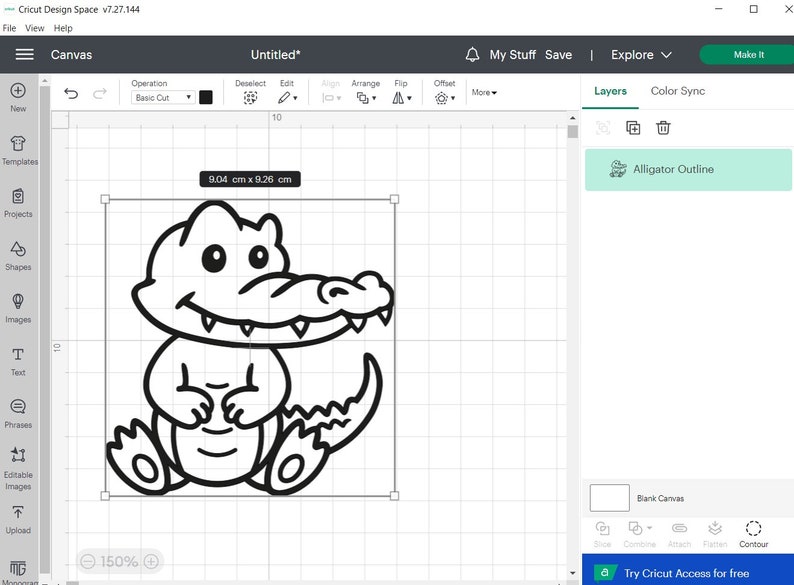 May include: A black and white line drawing of a cartoon alligator with a toothy grin. The alligator is sitting on its hind legs with its front paws folded in front of it. The image is 9.04 cm by 9.26 cm.
