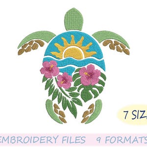 May include: Embroidered design of a green sea turtle with a blue ocean, yellow sun, and pink flowers. The design is available in 7 sizes and 9 formats.