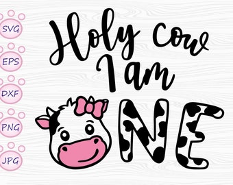 Holy Cow I am One, 1st Birthday Girl, Svg, Png, Cow with Bow, Girl First Birthday, Farm Cowgirl Birthday, DXF
