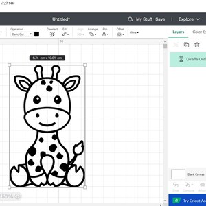 May include: A black and white line drawing of a cartoon giraffe sitting down. The giraffe has spots and a friendly expression.