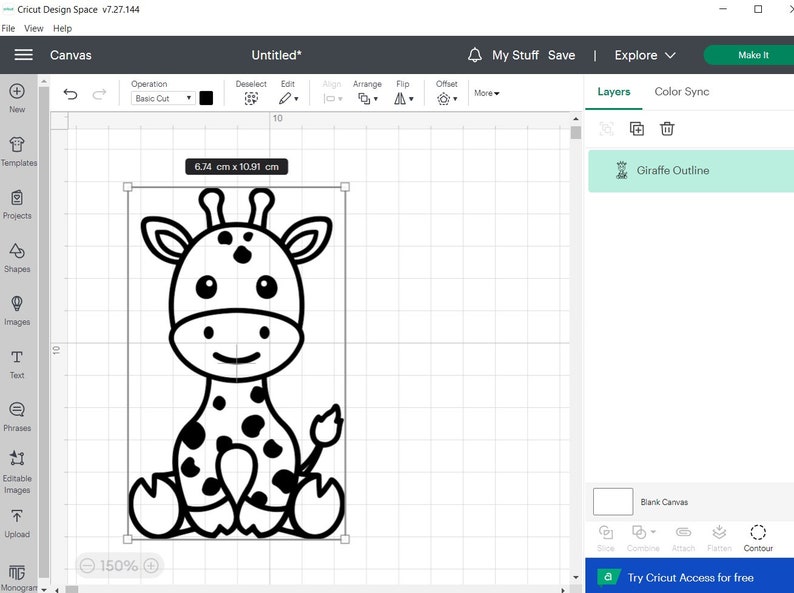 May include: A black and white line drawing of a cartoon giraffe sitting down. The giraffe has spots and a friendly expression.