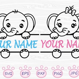 Op de afbeelding: Twee zwart-witte cartoon-olifanten die over een banner kijken met de tekst "YOUR NAME YOUR NAME". De olifant links heeft een blauwe naam en de olifant rechts een roze naam. De olifanten houden een banner vast met de tekst "YOUR NAME YOUR NAME".