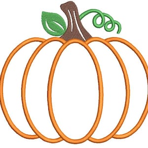 May include: An embroidered pumpkin design with orange outlines, a brown stem, green leaf, and a green curly vine. This fall-themed design is perfect for seasonal crafts and decorations.