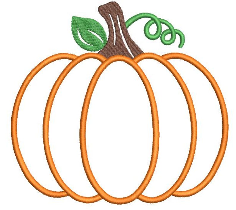 May include: An embroidered pumpkin design with orange outlines, a brown stem, green leaf, and a green curly vine. This fall-themed design is perfect for seasonal crafts and decorations.