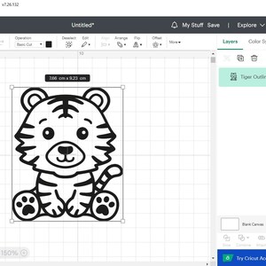 May include: A black and white line drawing of a cartoon tiger sitting with its paws crossed. The tiger has a cute expression with large eyes and a small nose. The image is 7.66 cm by 9.23 cm.