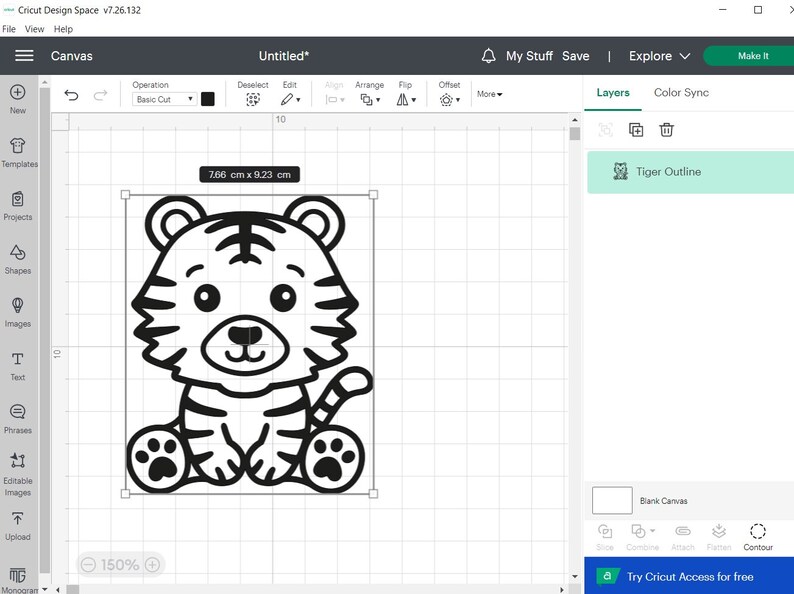 May include: A black and white line drawing of a cartoon tiger sitting with its paws crossed. The tiger has a cute expression with large eyes and a small nose. The image is 7.66 cm by 9.23 cm.