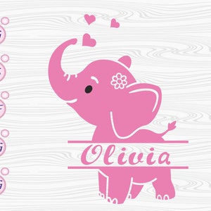 Könnte beinhalten: Ein rosa Elefant mit einer Blume auf dem Kopf und dem Namen Olivia auf einem Banner darunter. Der Elefant schaut nach oben und hat Herzen, die über ihm schweben.