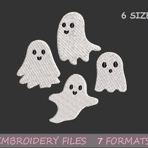 May include: Four embroidered white ghost designs with black eyes and smiles. The image includes the text "6 SIZES" and "EMBROIDERY FILES 7 FORMATS" on a dark gray background. These designs are suitable for Halloween-themed crafts.