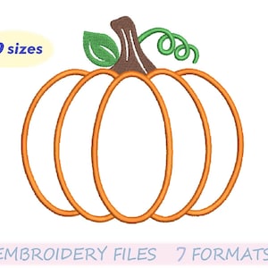 May include: An orange pumpkin embroidery design with a brown stem, green leaf, and green vine. The text "9 sizes" is in a yellow oval. The text "EMBROIDERY FILES 7 FORMATS" is at the bottom.