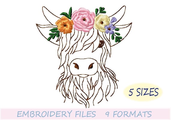 Highland Scottish Cow Machine Embroidery Design File, 5 Sizes, Instant Download
