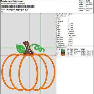 May include: An orange pumpkin applique design with green leaves and stem, and the text "Pumpkin applique 120". The design is for embroidery, with measurements in millimeters and a color chart.