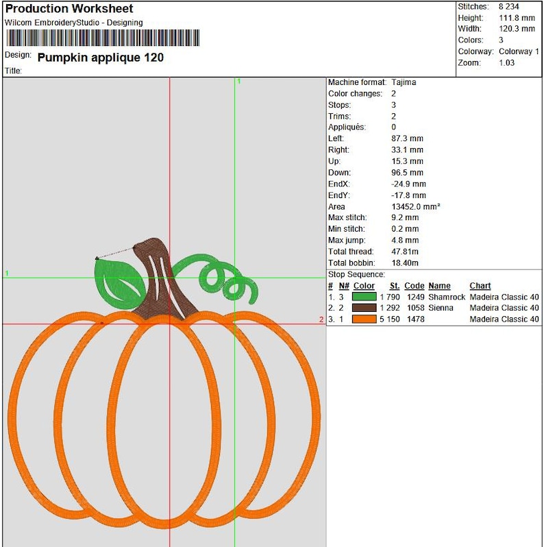 May include: An orange pumpkin applique design with green leaves and stem, and the text "Pumpkin applique 120". The design is for embroidery, with measurements in millimeters and a color chart.