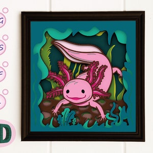 3D Axolotl Shadow Box, Animal Shadow Box SVG, Layered Papercut, Animals SVG, Files For Cricut and Silhouette