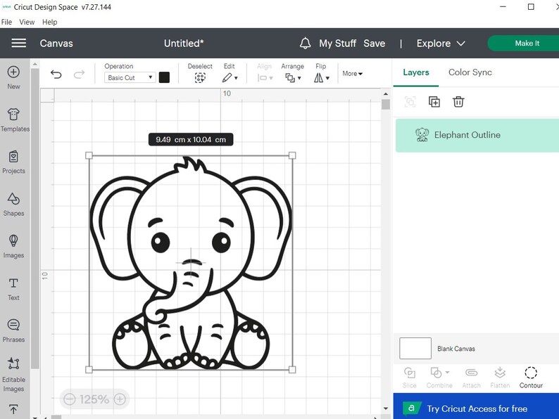 May include: A black and white line drawing of a cartoon elephant sitting with its trunk in its mouth. The elephant is 9.49 cm by 10.04 cm.