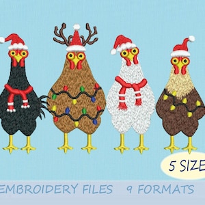 Christmas Lights Chicken Embroidery Design, Christmas Chickens Embroidery Design, 5 sizes