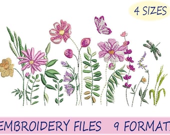 Wildflower Meadow Embroidery Design, 4 sizes, Instant Download