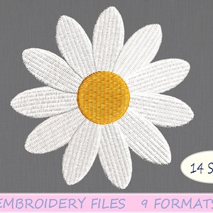 May include: White daisy embroidery design with a yellow center. 14 sizes and 9 formats are available.