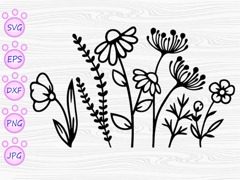 May include: Black and white floral line art featuring various flower types, including daisies and bell-shaped blooms. The image includes the text "SVG", "EPS", "DXF", "PNG", and "JPG" in a pink paw print design.