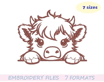 Outline Highland Cow Embroidery Design, Cow Split, Cute Farm Animal embroidery design, Cow Name Frame, Instant download, 7 Sizes