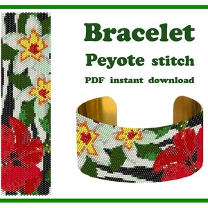 Exotic Flowers #2, Peyote pattern, Peyote Stitch, Beadwork pattern, Cuff Bracelet Peyote pattern, Peyote Bead Pattern PDF