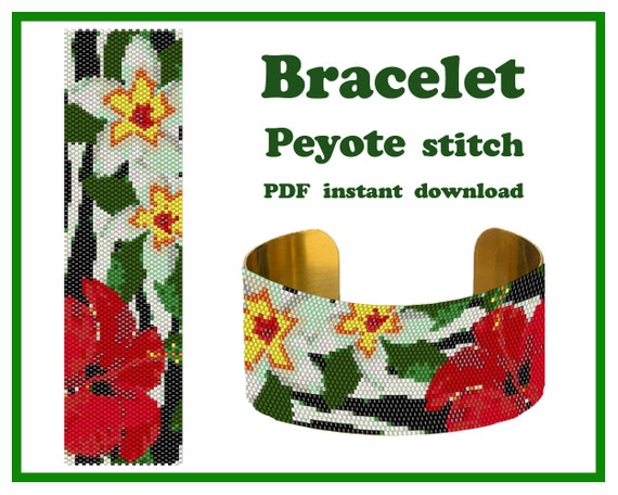 Preview of Exotic Flowers #2, Peyote pattern, Peyote Stitch, Beadwork pattern, Cuff Bracelet Peyote pattern, Peyote Bead Pattern PDF by BeadPatternShop