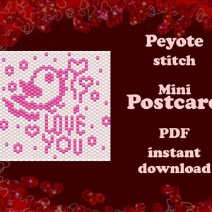 Mini carte postale Saint-Valentin 3 | Modèle pour carte postale perlée | Modèle Peyotl | Patch perlé | pour Miyuki Delica