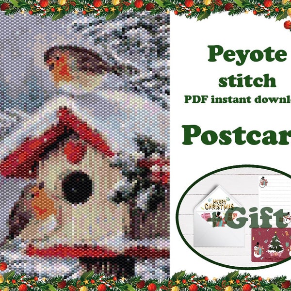 Carte postale de Noël 29 | Motif peyotl | Carte postale vintage perlée | Art mural perlé | Tapisserie perlée | Patron de perles Peyotl PDF