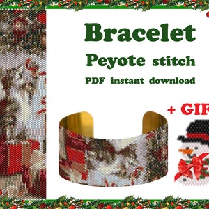 Christmas Cat Peyote pattern, Beading Peyote Stitch, Beadwork pattern, Bracelet Peyote, cuff pattern, Peyote Bead Pattern PDF