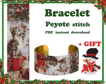 Motif peyote chat de Noël, perles point peyote, motif perlé, bracelet peyote, motif de manchette, motif de perles peyote PDF