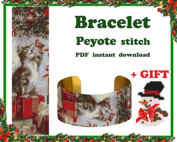 Preview of Christmas Cat Peyote pattern, Beading Peyote Stitch, Beadwork pattern, Bracelet Peyote, cuff pattern, Peyote Bead Pattern PDF by BeadPatternShop