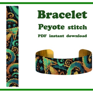 Op de afbeelding: Een kralenarmbandpatroon in peyotesteek met een kleurenschema in zwart, goud, teal en groen. Het patroon wordt getoond op een armband en als een afzonderlijke afbeelding. De tekst "Armband Peyotesteek PDF direct downloaden" is in de afbeelding opgenomen.